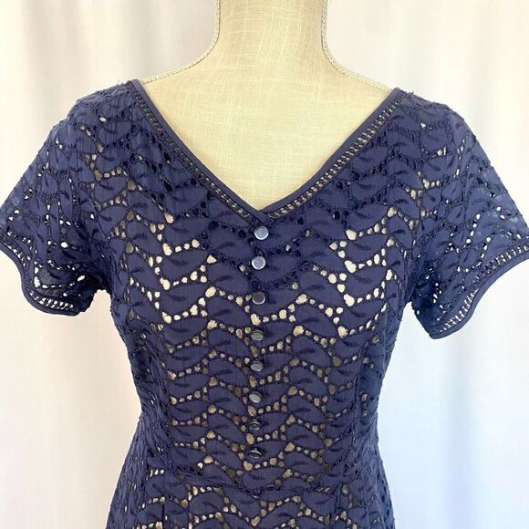Rare Vintage Navy Blue Eyelet Lace Midi Dress Short Sleeve 50s Fit & Flare Women - Picture 12 of 12